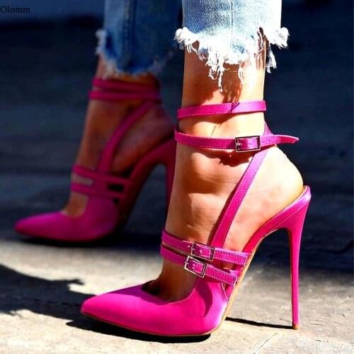 Olomm New Handmade Women Satin Sandals Ankle Strap Sexy Stiletto Heel Pointed Toe Gorgeous Fuchsia Night Club Shoes Size 5-15
