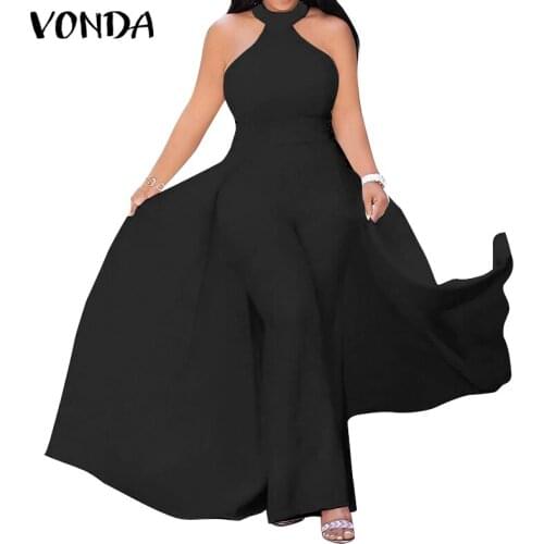 Women Summer Jumpsuits Solid Sleeveless Jumpsuits 2021 VONDA Female Casual Wide Leg Pants Long Trousers Palazzo Pants