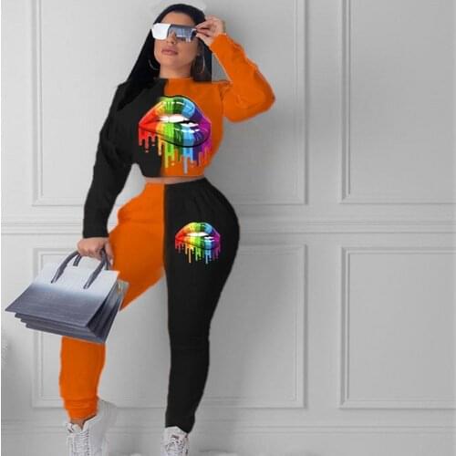 Womens Lip Printing Black And White Contrast Color Two Piece Sports Suit Long Sleeved T Shirt+Pencil Pants Casual Party Suit