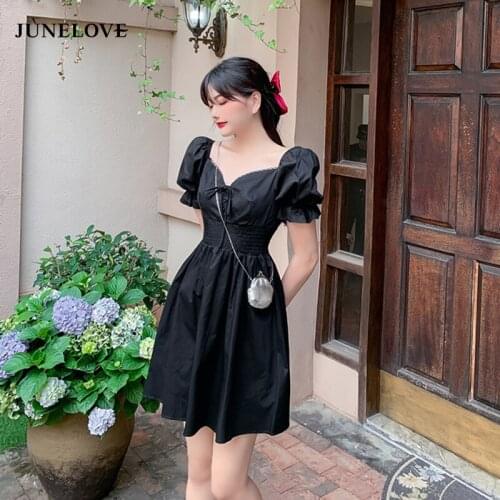 JuneLove Black Mini Dress Women Lace-up Vintage A Line Elegant Sexy Oversize Dresses Square Streetwear Casual Korean Vestidos