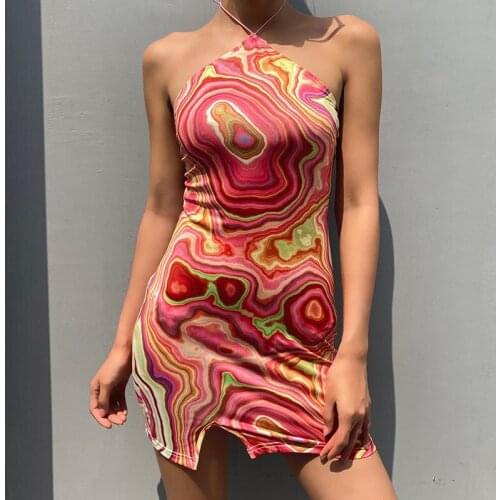 2021 Summer Sexy Women Chic Tie-dye Printed Spaghetti Strap Mini Dress Party Vacation Backless Bodycon Camisole Dress Female