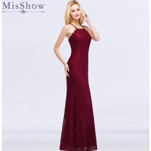 New Elegant Long Prom Dresses Floor Length Burgundy Party Dress Halter Lace Evening Dress Robe de Soiree Mermaid Prom Dress