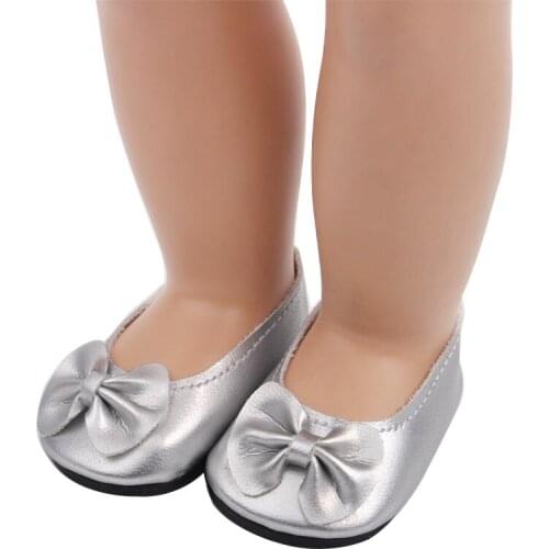 18 Inch American Doll Girls Princess Silver Bow Dress Shoes PU Newborn Baby Toys Accessories Fit 40-43 Cm Boy Dolls Gift s62