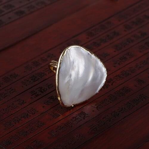White big flat natural mother pearl shell bead charm gold ring gold wrap resizble rings open cuff for women wedding gift