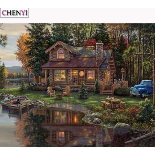 CHENYI 5D Diy Diamond Painting Country House Full Drill Mosaic Diamond Embroidery Rhinestone Landscape Art Wall Stickers Decor