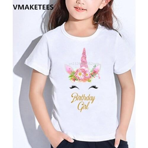 Kids Summer T shirt Happy Birthday Girl Unicorn Face Print Childrens T-shirt Baby Girls Funny Gift Cute Cartoon Clothes,HKP5249