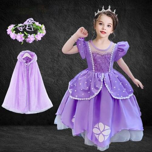 Childrens Party Purple Puff Sleeve Sofia Dress Halloween Masquerade Princess Sophia Cosplay Costume Fairy Frock