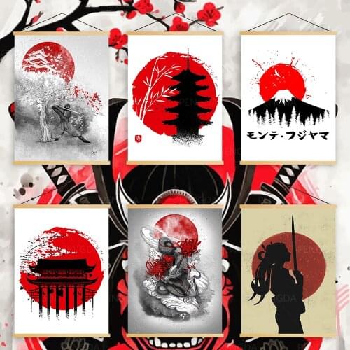 Home Decoration Canvas Pictures Japan Landscape Poster Print Wall Art Wooden Scroll Hanging Painting Mountain Bedside Background