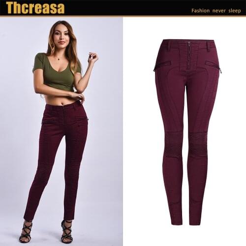 Hot Sale Women Jeans Pants Small-legged Denim Pants Splice Zip-up Elastic Solid-colored Jeans Pants