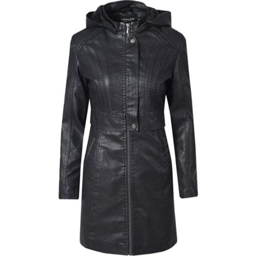 Autumn Winter Faux Leather Jacket Womens Zipper Long sleeve Hooded Long Leathers Coat Women High quality Biker jackets PU