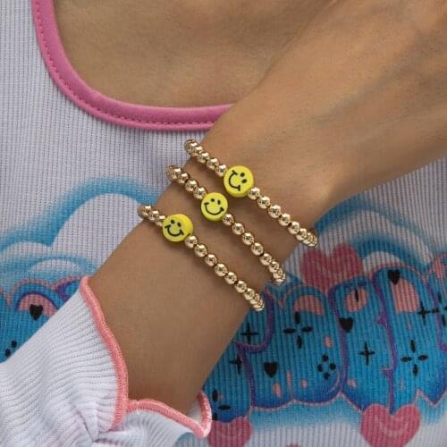 Cute Metal Beaded Yellow Smile Face Adjustable Bracelet Bangles for Girls Women Gold Color Daily Bracelet Jewelry Accessories