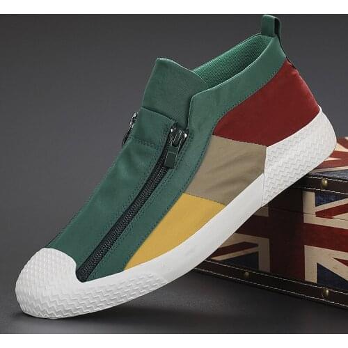 Men Casual Shoes Flat Zip Canvas Sneakers Teens Student Light Breathable Patckwork Tennis Sports Canter Outdoor Travel Shoes