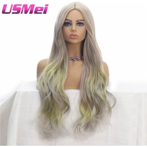 USMEI Rainbow Mermaid Colorful Wig Natural Long Wave middle Parting Glueless Synthetic Wigs for Women Ombre Color