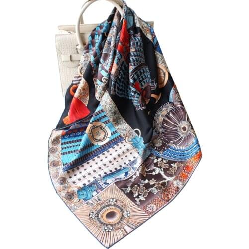Luxury 100% Twill Silk Scarf Women Fashion Warrior Armor Print Shawl Hijab Hand Rolled Kerchief Stole Square Bandana 90*90cm