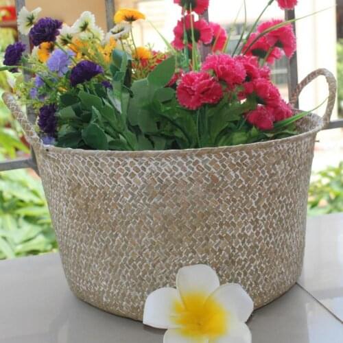 Folding Rattan Seagrass Laundry Woven Basket Plant Flower Pot Handmade Portable Seagrass Household Planting Pot Home Supplies