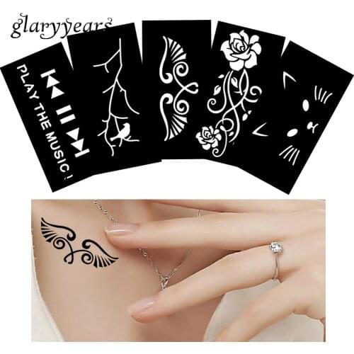 5 Sheets Women Makeup Henna Tattoo Stencil Paper Cat Wing Flower Pattern Paste Colored Drawing Mehndi Small Tattoo Template G#21
