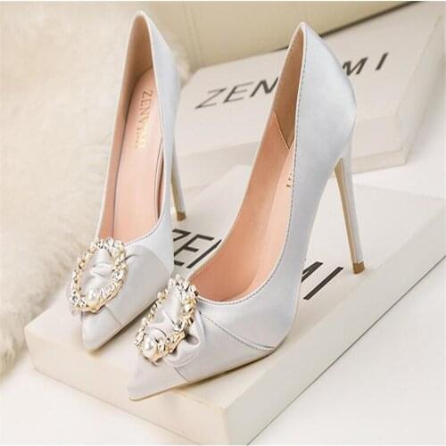 Satin rhinestone womens shoes fashionable sexy shallow mouth pointed shiny high heels womens metal buckle stiletto shoes 10cm