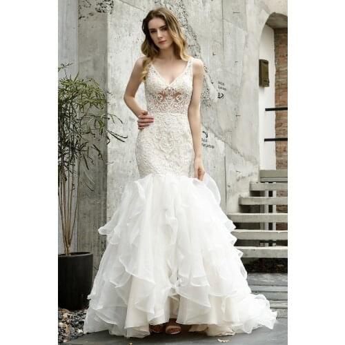 In Stock Sexy Mermaid Wedding Dresses Elegant Tulle Wedding Gowns Robe De Mariee Romantic Bride Dress V-neck Ivorystido De Noiva