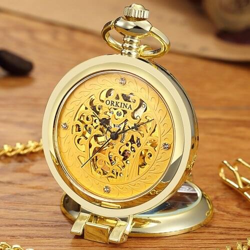 Vintage Table Stand Hollow Mechanical Pocket Watch Hand Winding Golden Men Women Watches with Fob Chain Clock reloj de bolsillo