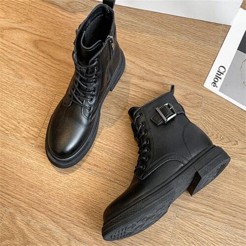 2022 Europe And The United States Autumn New Round Toe Solid Color Patch Leather Side Zipper Flat Bottom Martin Boots Female Low