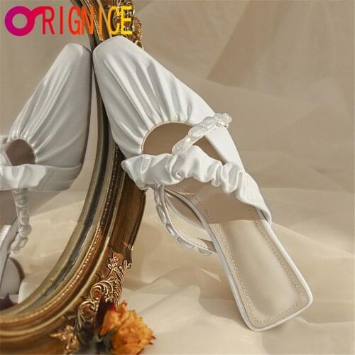 Orignice 2021 New Brand Women Slipper Square Toe Slip On Mules Shoes Fashion Soft Sheepskin Pleated Round Low Heel Ladies Slides