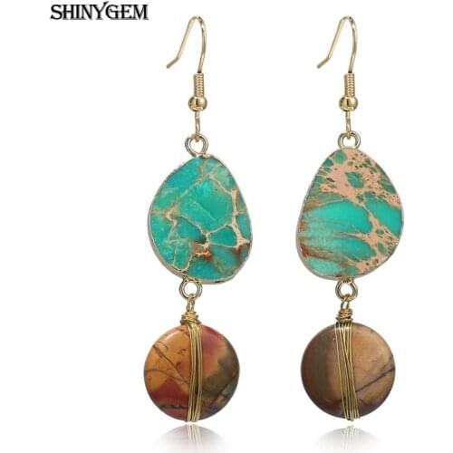 ShinyGem Bohemia Earrings Sea Sediment Imperial Jasper Stone Gold Wire Winding Beads Dangle Long Drop Earrings For Women Wedding