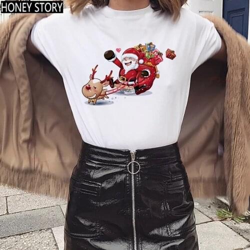 Women Loose Casual New All Seasons Streetwear Tops Cute Santa Claus and Reindeer Print T-Shirt Harajuku Christmas Ladies Tee