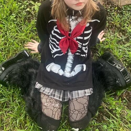 Goth Dark Streetwear Skeleton Print Autumn Sweatshirt Women Pullover Pattern Oversized Sweatshirts Gothic Clothes Top