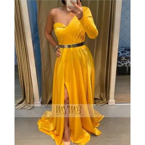 Stylish Nice Gold Evening Party Prom Dress For Women 2021 One Sleeve Ruched Design Satin Flowy Prom Party Gowns Large Plus Sizes