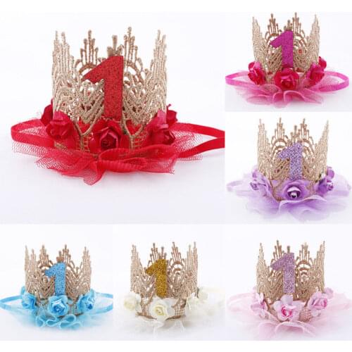 1PC Baby Girl Happy Birthday Party Hats Kids One Year Flower Princess Crown Headband Baby Shower 1st Birthday Decor Party Supply