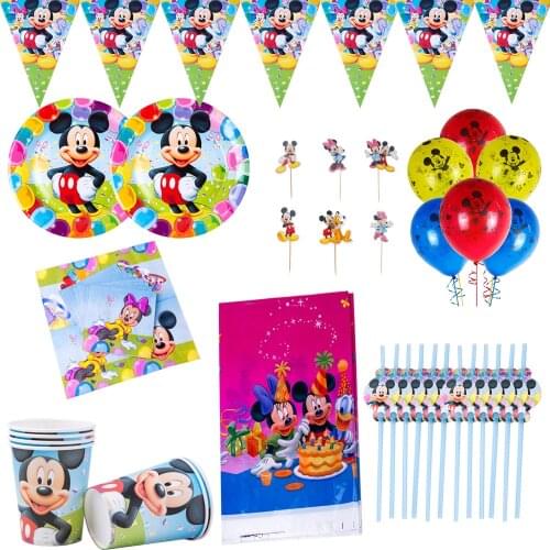 105Pcs Mickey Mouse Disposable Tableware Party Decorations Paper Plates Cups Tablecloths Cake Toppers Straws Boys Baby Shower