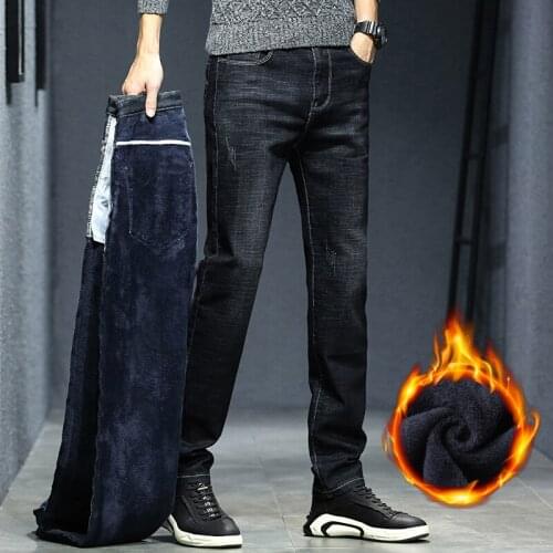 2021 autumn and winter new style plus velvet thickening warmth fashion stretch slim fit small feet small straight mens jeans