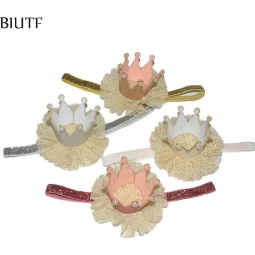 30pcs/lot U Pick Color Glitter Elastic Headband + Cream Mesh Flower + 3D Felt Crown Girl Birthday Photography Props FD247