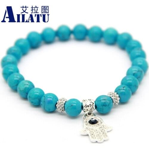 Ailatu Muslim Fashion 8mm Created Stone Beads Fatima Hand Hamsa Charm Bracelet Mens Ethic Jewelry