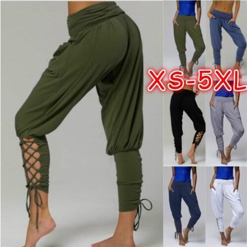 Kuelawear Loose Harem Pants For Womens Long Pants Pure Color High-Waist Trousers Pocket Pants Foot Straps Pants Casual Ladies