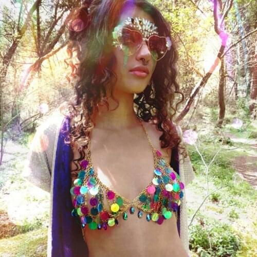 Colorful Sequined Bra Chain Sexy Women Alloy Rhinestone statement Necklace Round Sequins Breast Bra Body Jewelry For Night Club