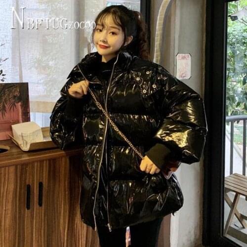 Black Color S-XL Windproof Warm Women Parkas Glossy Fabric Cotton Padded Female Jacket Coat