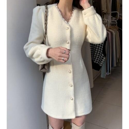 Colorfaith New 2020 Autumn Winter Women Dresses V-Neck Lace Up Woolen Buttons Wild Warm Korean Vintage Lady Mini Dress DR9985
