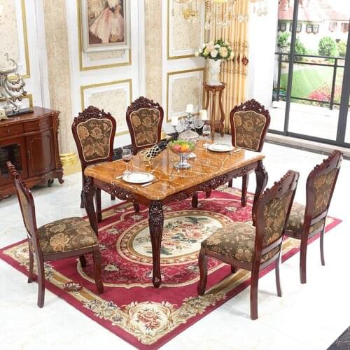 European marble solid wood carved dining table and chair combination rectangular dining table size apartment restaurant American