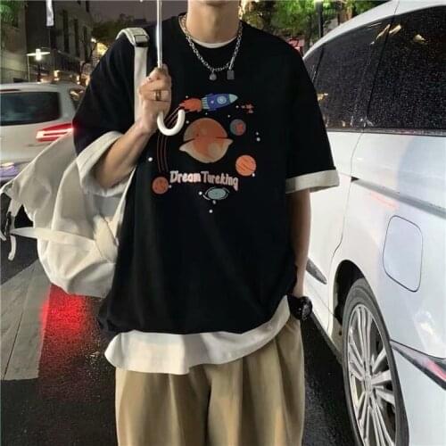 2021 Summer Oversize Cotton T-Shirts Men Anime Print Streetwear Mens Loose Casual Short Sleeve tshirt Tops Tees T Shirts Men