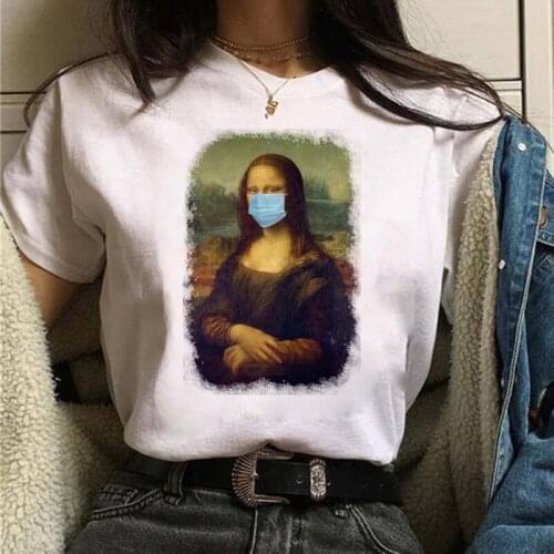 Funny Mona Lisa with Mask T Shirts Fashion Printed Women T-Shirt Casual O-neck Women Tshirt Loose Oversize Short Sleeves Shirts