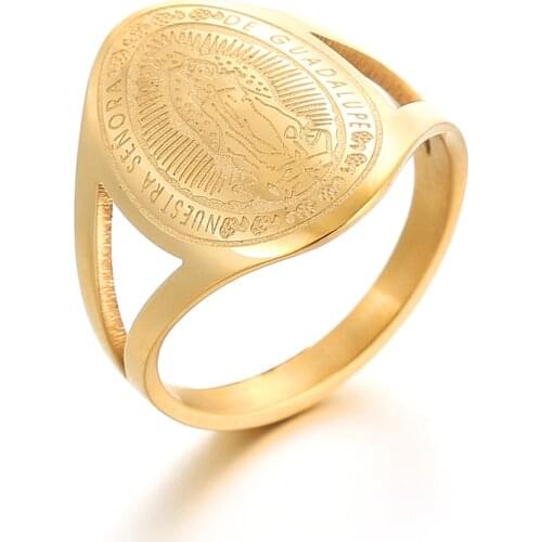 Rings for Women Vintage Virgin Mary 316L Stainless Steel Ring Religious Round Rings Gold Color Men Jewelry Christian Gifts