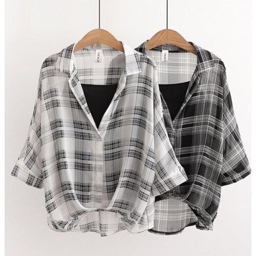 Summer chiffon plaid shirt womens blouse retro irregular loose female tops ladies fashion clothes 2021