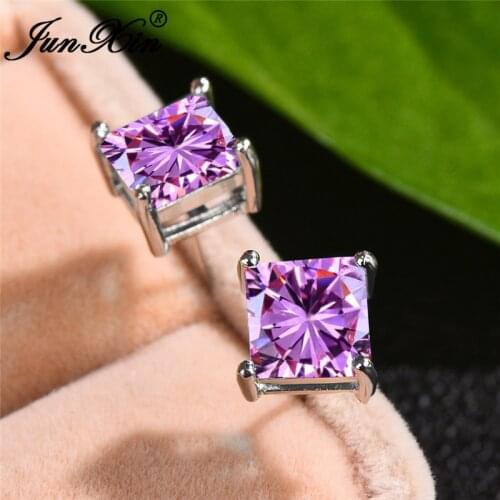 Cute Pink Austrian Crystal Square Earrings Princess Cut Zircon Stacking Female Wedding Stud Earrings For Women Jewelry Cz