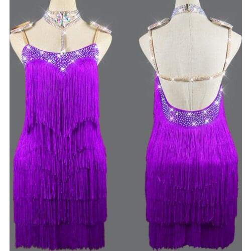 Multi Fringes Latin Dance Dress Backless Stage Costume Tap Dance Wear Samba Performance Purple Latin Dress Adult Kids VDB2365