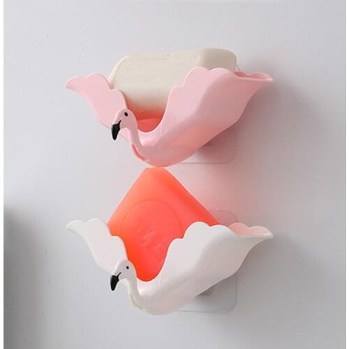 Flamingo Soap Dish Keep Soap Dry Clean Shower Soap Saver Tray Plastic Adhesive Drain Sponge Holder Bathroom Tool