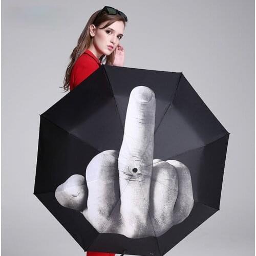 New Women Man Rain Umbrella Vertical Middle Finger Funny Design Sunny and Rain Umbrella Three Folding Black Personality Umbrella