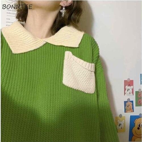 Autumn Sweater Women Chic Panelled Ins College Lovely Simple Korean Girls Cropped Knitwear Loose Fashion Popular Female Newest