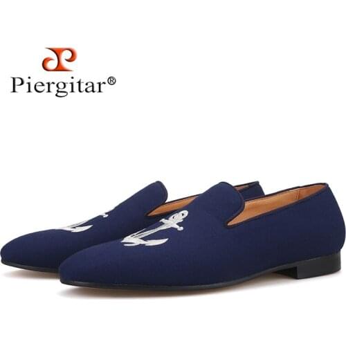 Piergitar 2019 navy colors Handmade Men Canvas Loafers with anchor Embroidery party and wedding men smoking slippers Slip-on