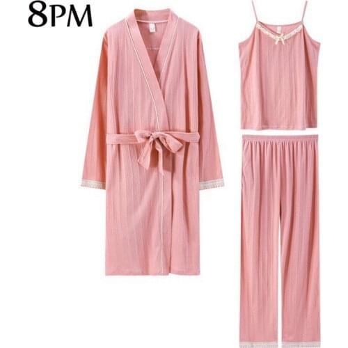Cotton Robe Sleepwear Set Women Long-sleeve Pants Jersey Pajamas Simple Lovely Style Bathrobe Nightgown Soft Comfort Home Suit